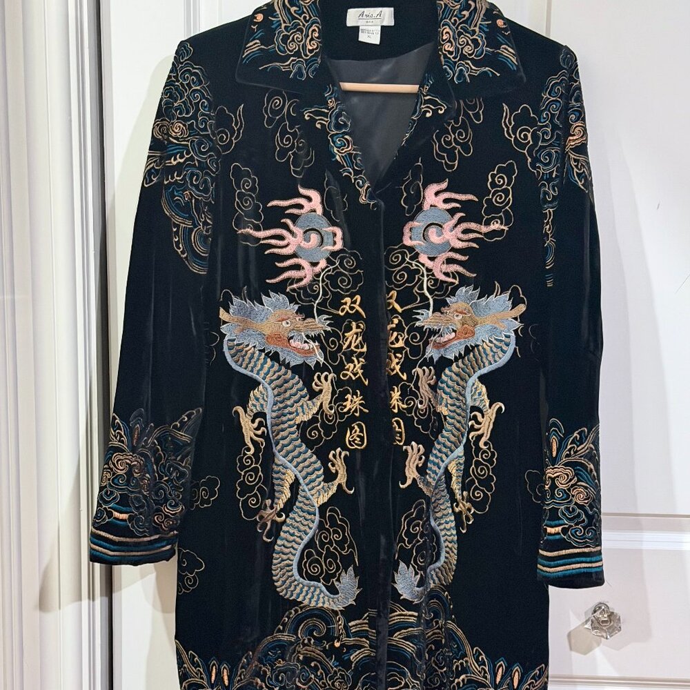 Vintage Black Velvet Embroidered Dragon Coat XL